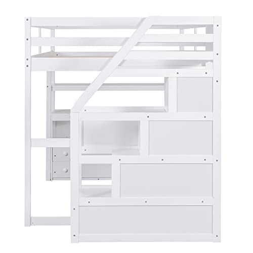 White Solid Wood Twin Loft Bed with Stairs and Desk W780