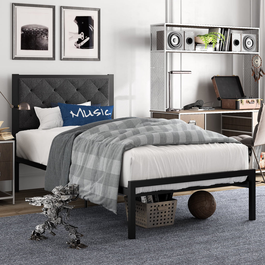 Twin Size Metal Bed Frame with Upholstered Headboard E187