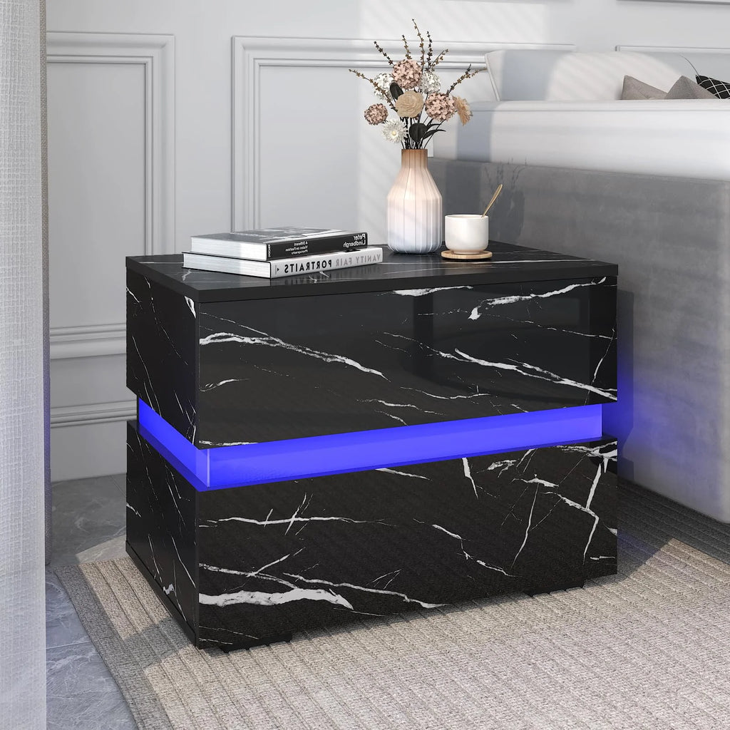 Black High Gloss LED Nightstand Set of 2 with 2 Drawers W958