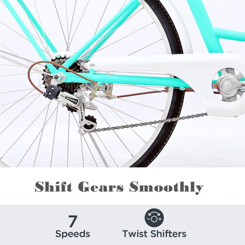 24 Inch 7 Speed Step Through Comfort Cruiser Bike with Basket Mint Green T598
