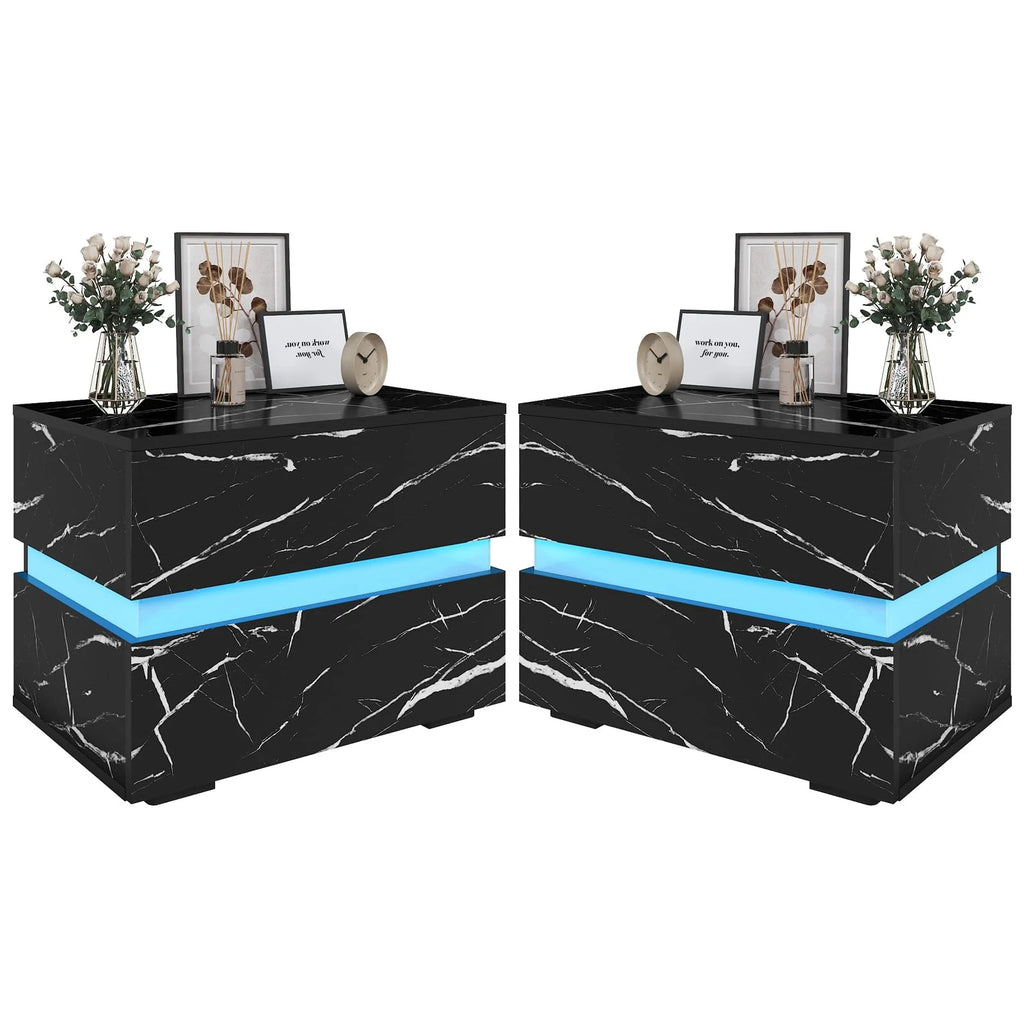 Black High Gloss LED Nightstand Set of 2 with 2 Drawers W958