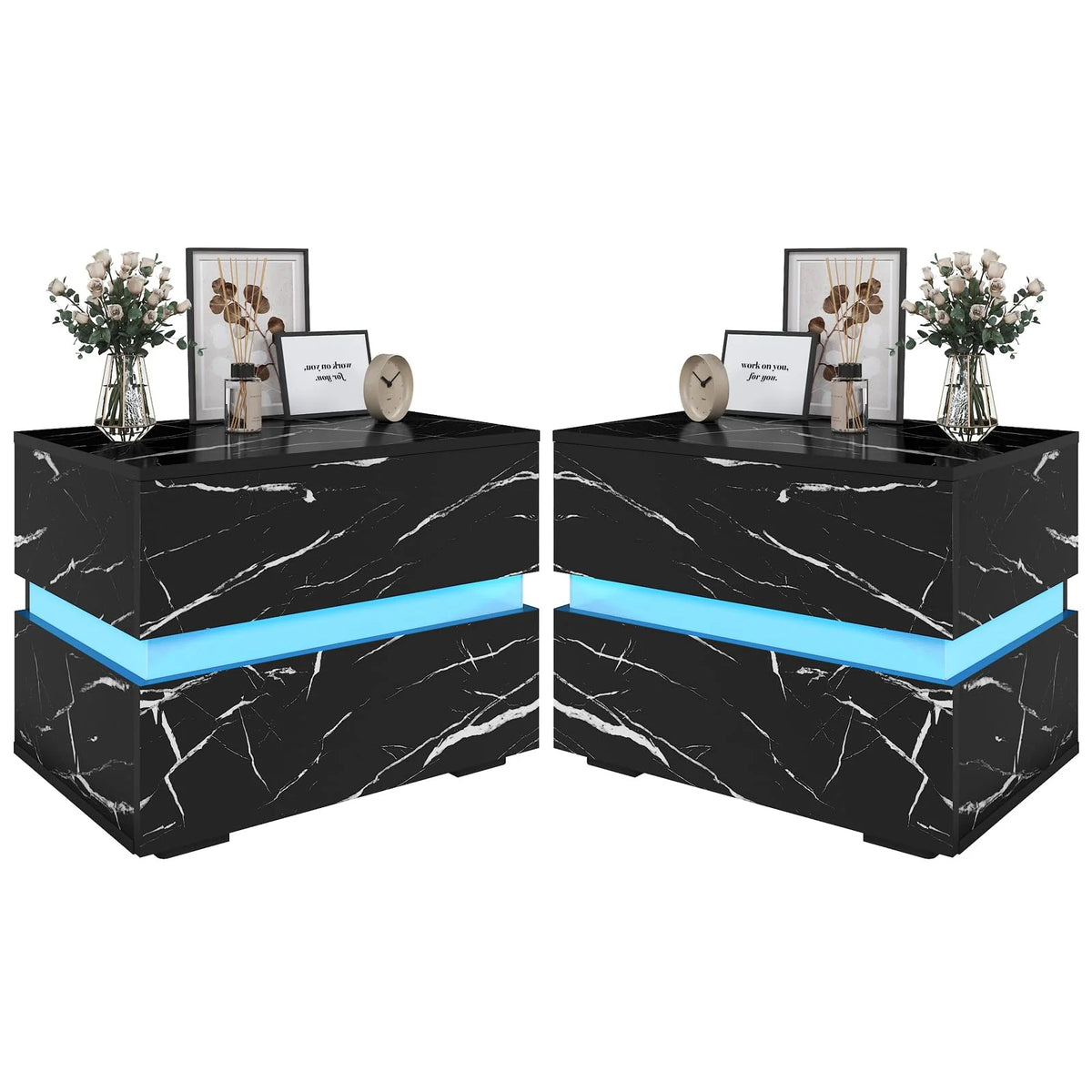 Black High Gloss LED Nightstand Set of 2 with 2 Drawers W958
