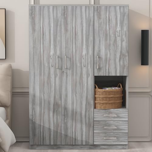 Grey 3 Door Wooden Wardrobe Closet Organizer with Drawers and Hanging Rail B6463