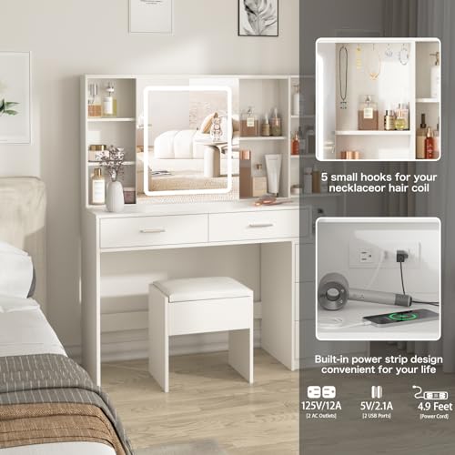 White Vanity Desk with Mirror and Lights 5 Drawers with Chair T88752