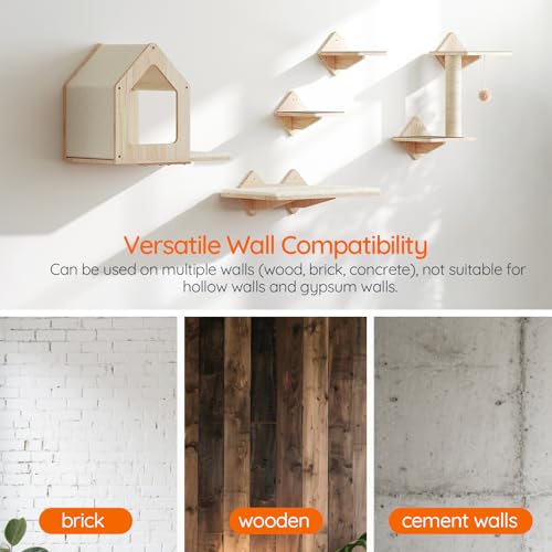 Natural Wood Cat Wall Shelves Set of 5 with House Steps Scratching Post Perch M940293