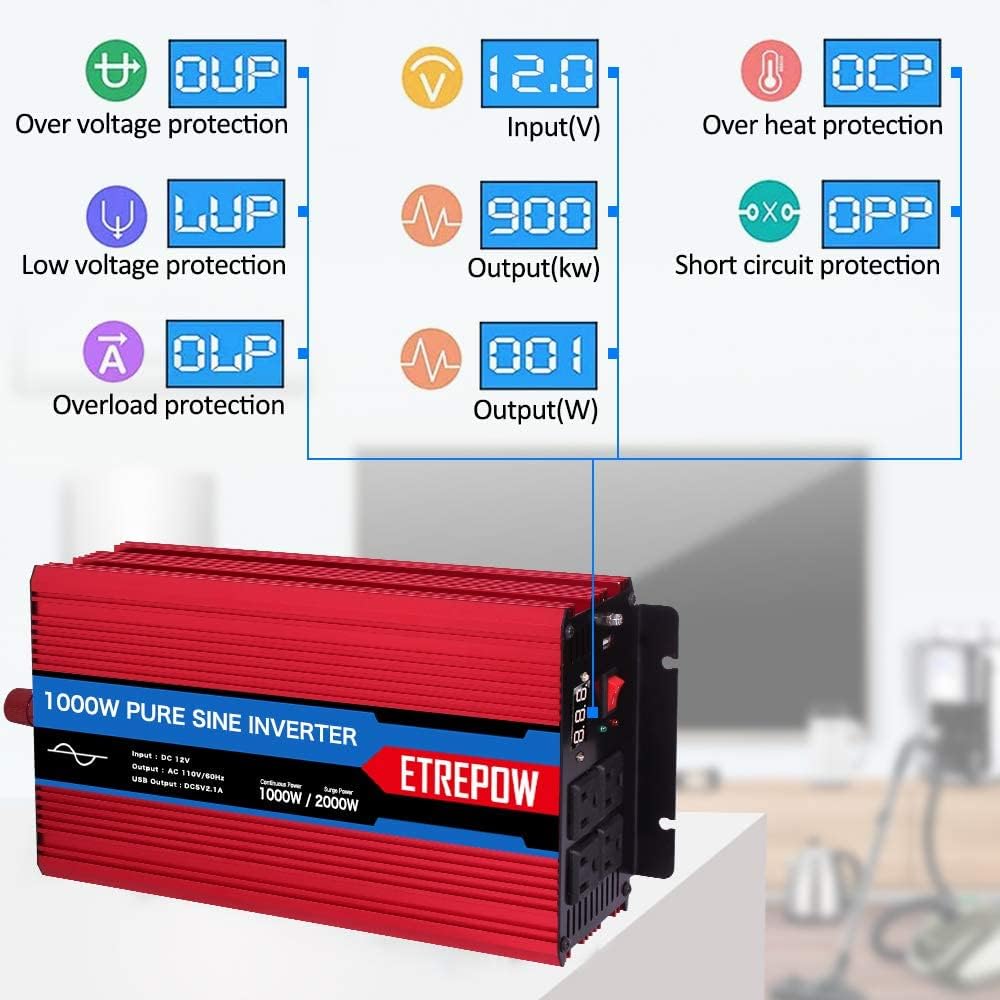 1000 Watt Pure Sine Wave Power Inverter 12V DC to 110V AC N90856