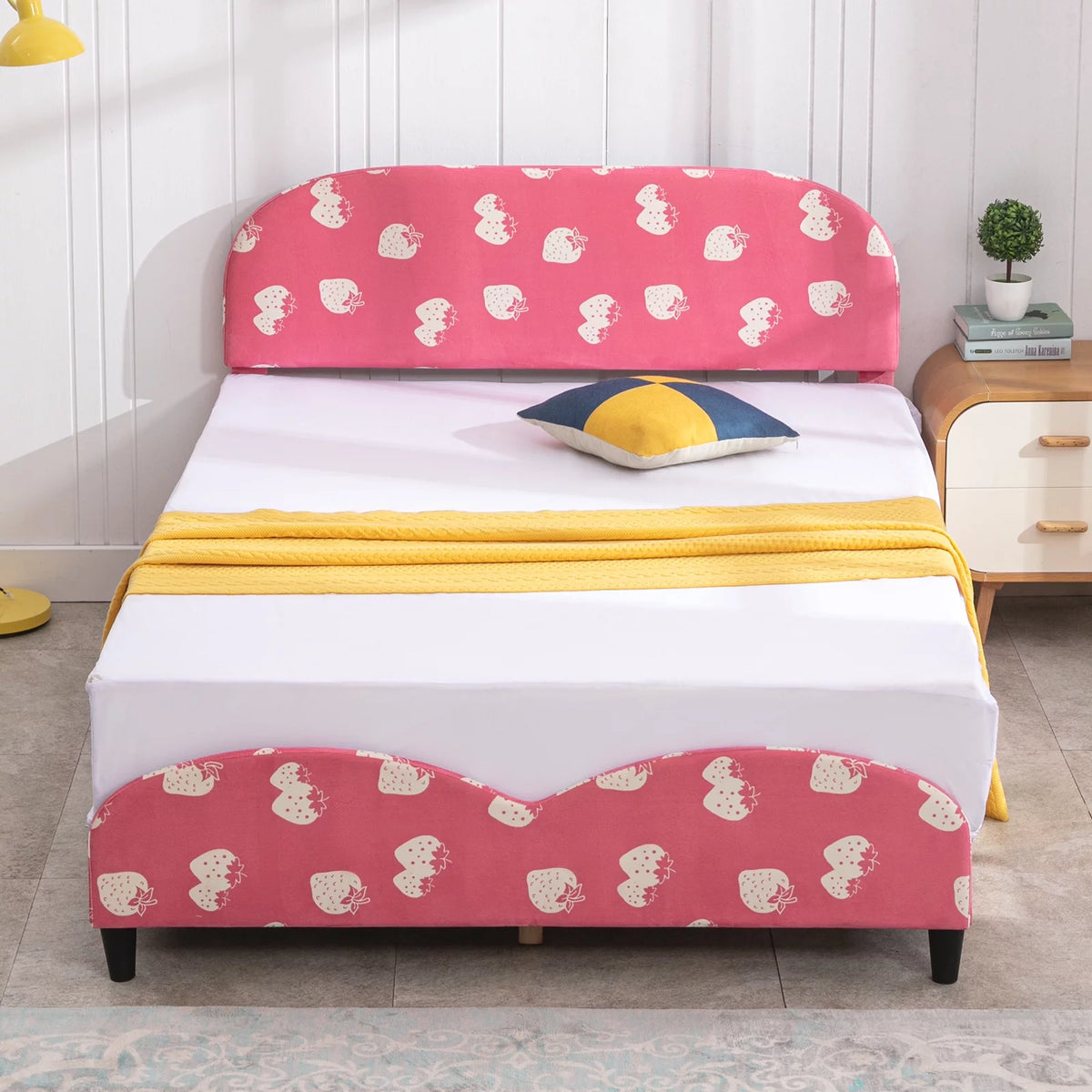 Pink Kids Twin Bed Frame with Upholstered Headboard and Footboard V21059