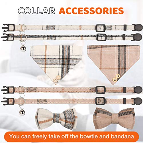 4 Pieces Breakaway Cat Collar Bandana with Plaid Scarf and Bowtie Bell E23731