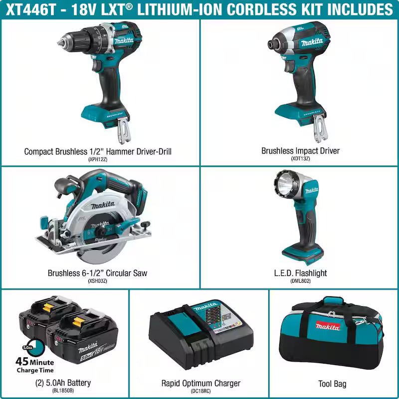 18V Cordless Combo Kit Hammer Drill Impact Driver Circular Saw Flashlight I95551