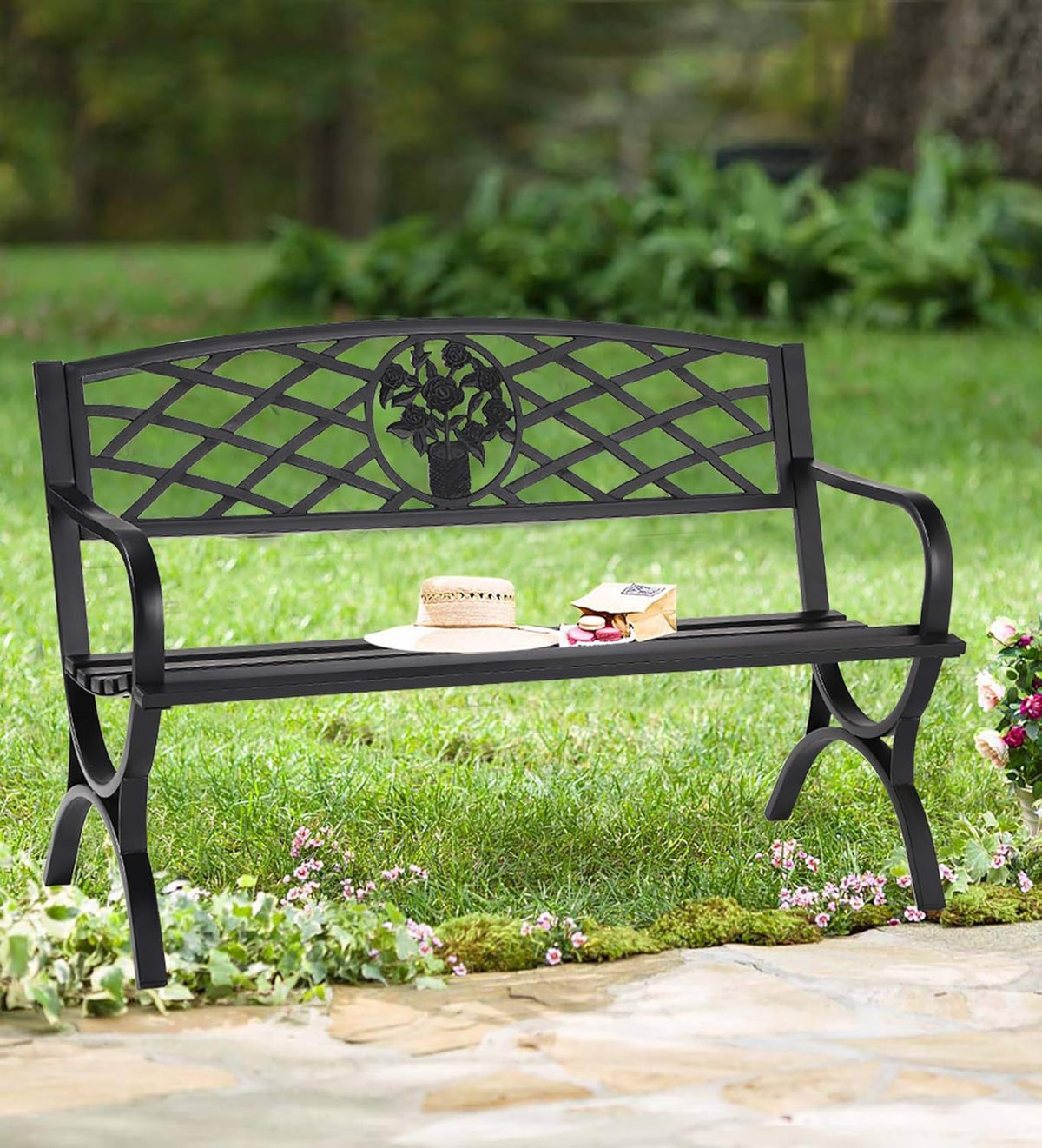 Cast Iron Metal Patio Bench with Armrests E5096