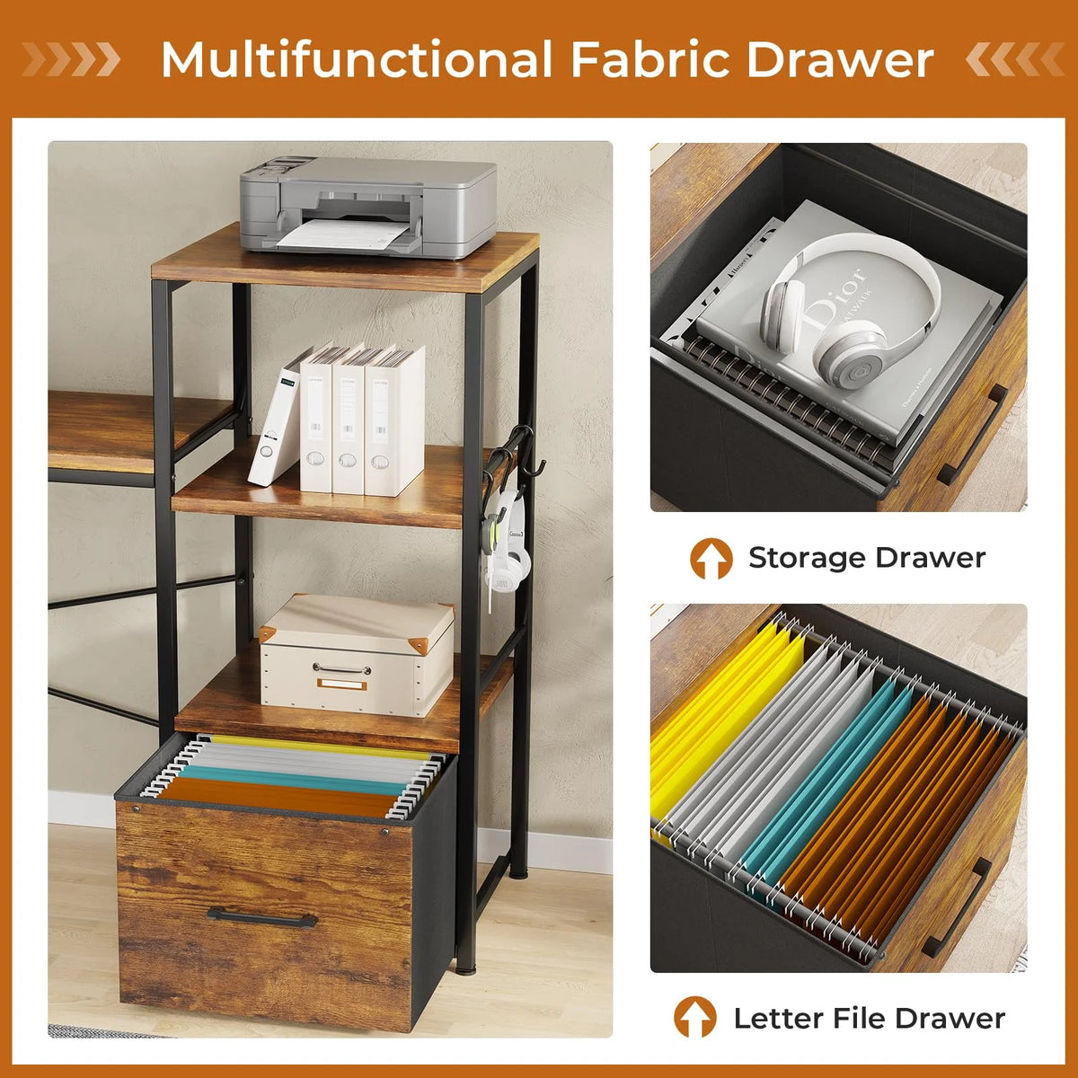 L Shaped Desk with Fabric File Drawer and Power Outlets J3194