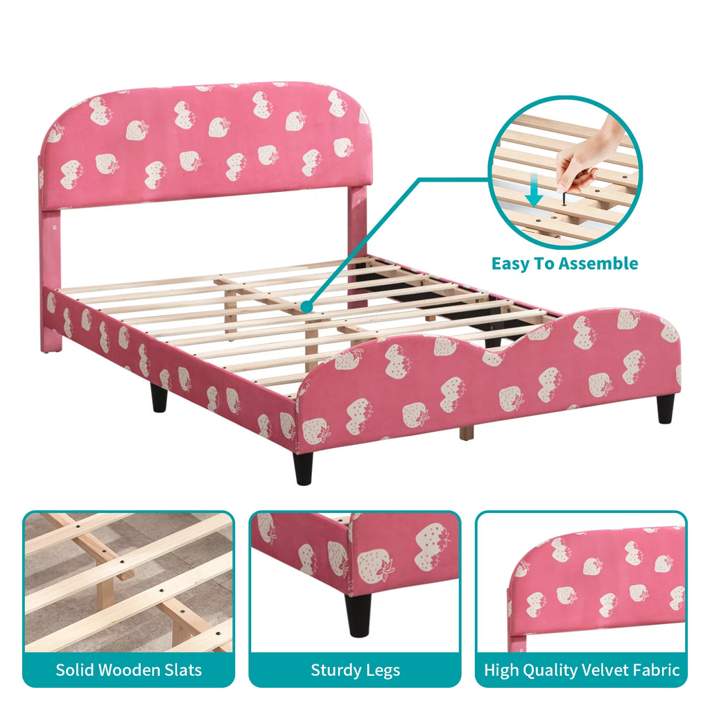 Pink Kids Twin Bed Frame with Upholstered Headboard and Footboard V21059