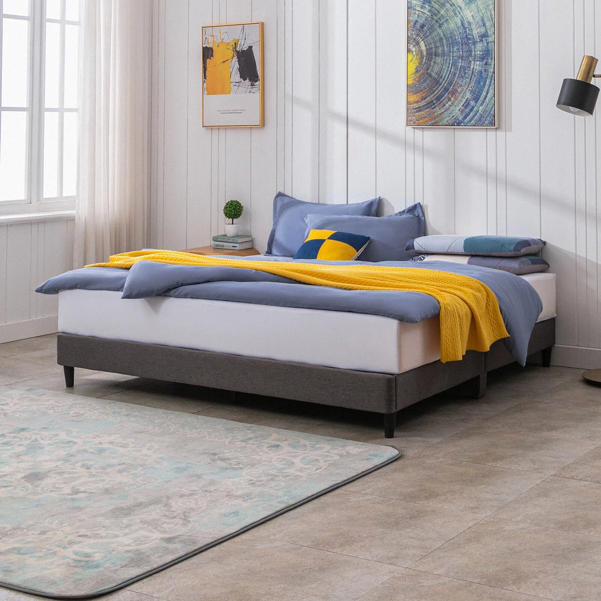 California King Size Linen Platform Bed Frame with Wood Slat Support N118