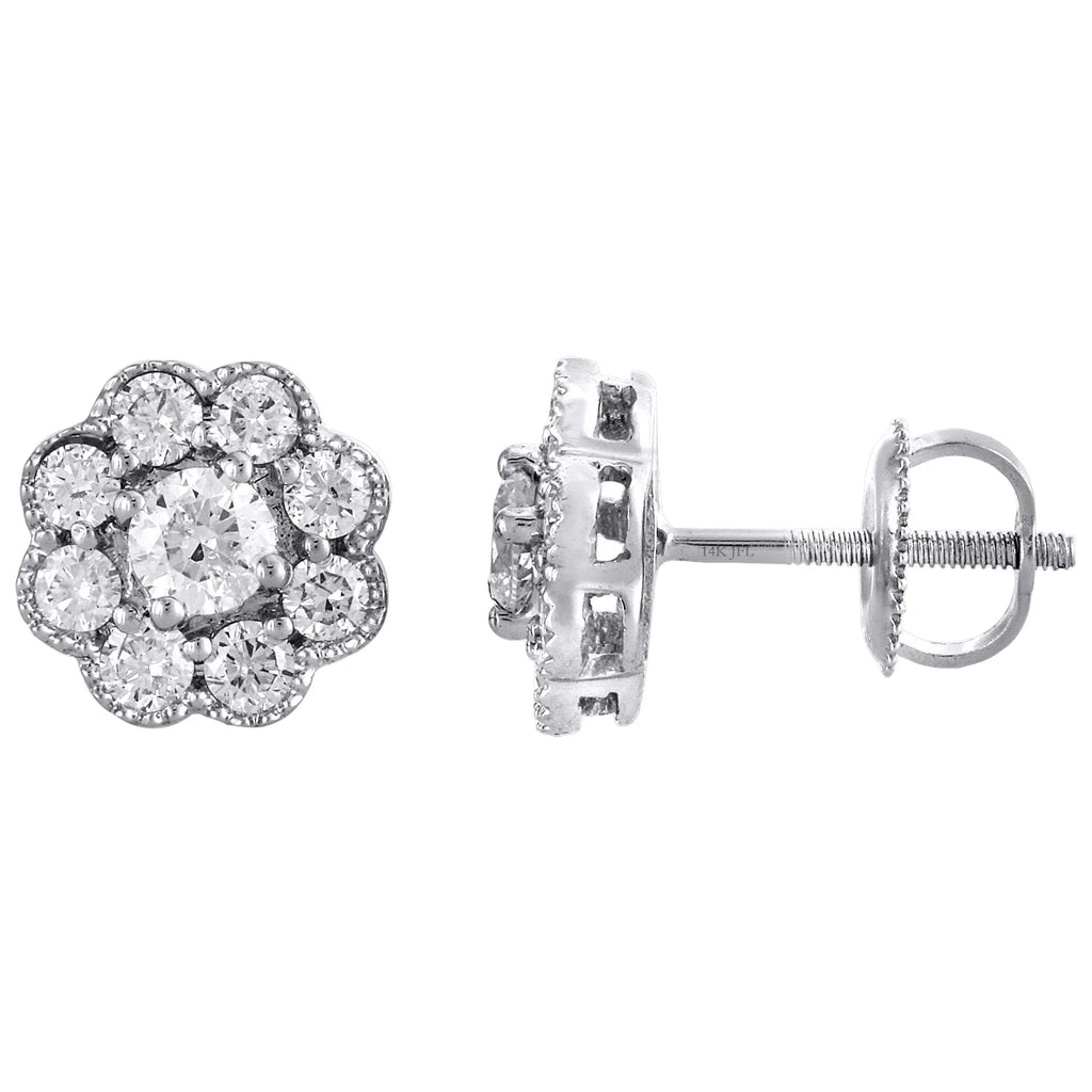 14K White Gold Solitaire Diamond Flower Stud Earrings 1 CT. T483996