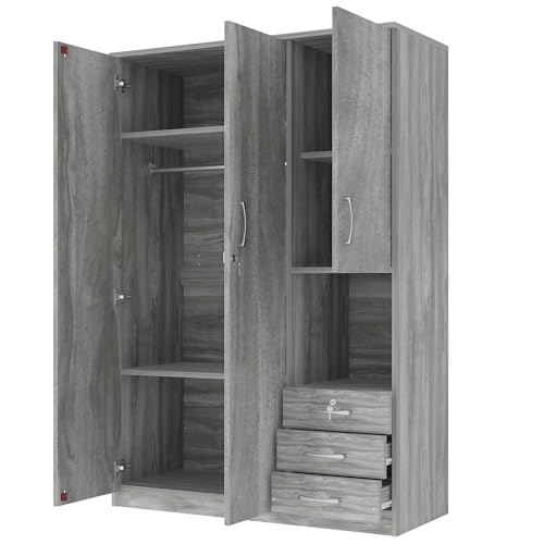 Grey 3 Door Wooden Wardrobe Closet Organizer with Drawers and Hanging Rail B6463