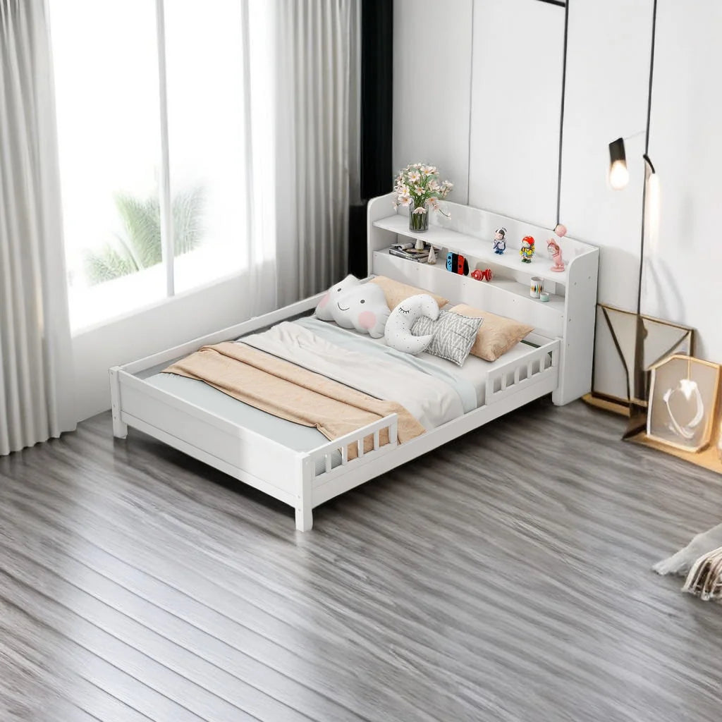 Twin Size Wood Platform Bed with Storage Headboard and Guardrail H113152