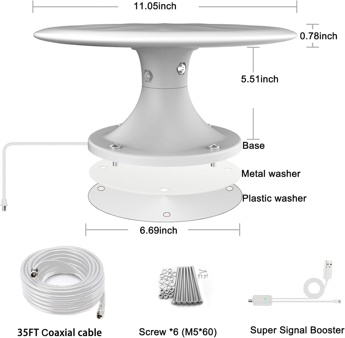 White 720° Omni Directional Digital HD TV Antenna with 35ft Cable Y47376