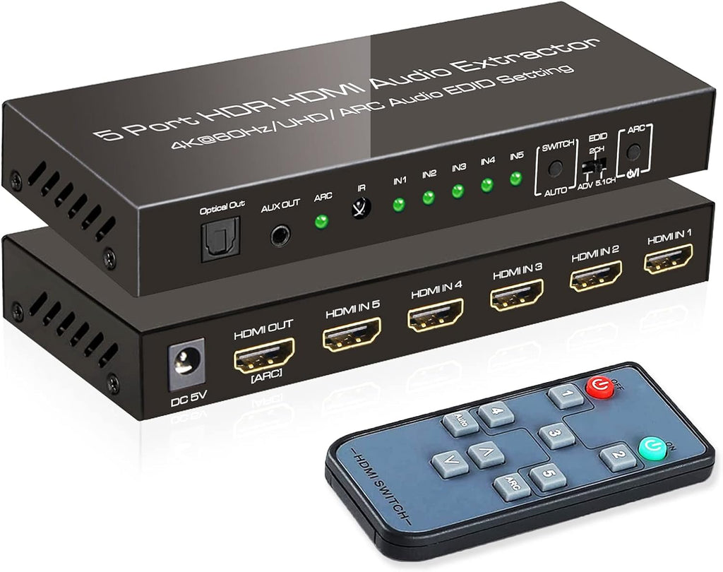 4K@60Hz HDMI Switch Audio Extractor with Optical + 3.5mm AUX Output, 5 in 1 Out HDMI Switcher Converter, Pack of 2 L709