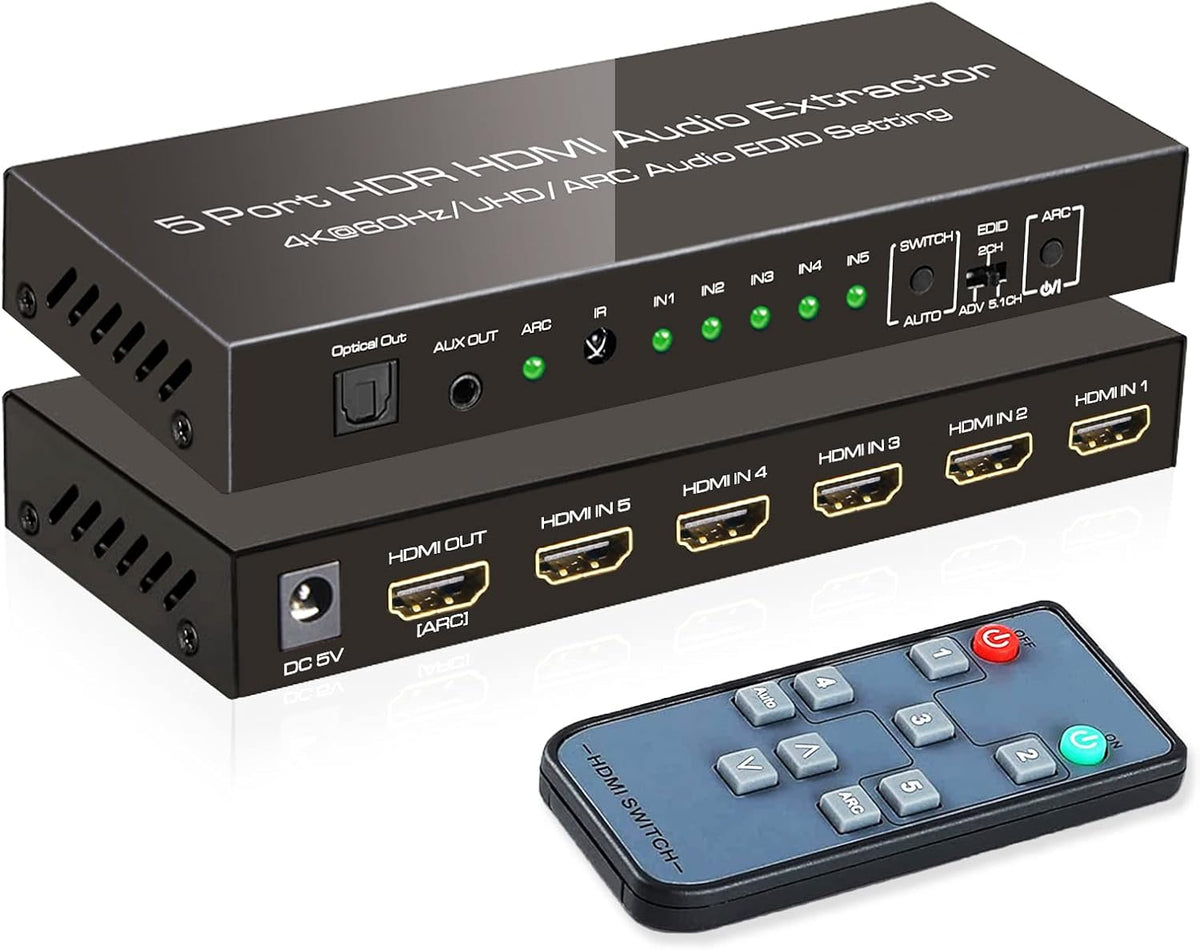 4K@60Hz HDMI Switch Audio Extractor with Optical + 3.5mm AUX Output, 5 in 1 Out HDMI Switcher Converter, Pack of 2 L709