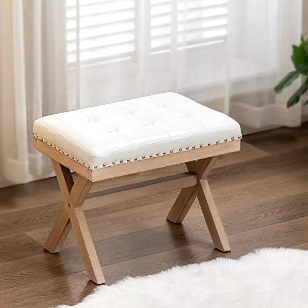 Burlap Linen Fabric Upholstered Bench Ottoman with X-Shaped Wooden Legs V2285