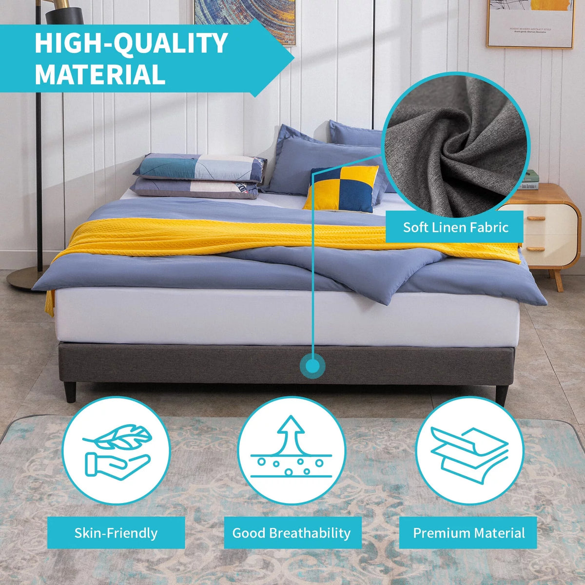 California King Size Linen Platform Bed Frame with Wood Slat Support N118