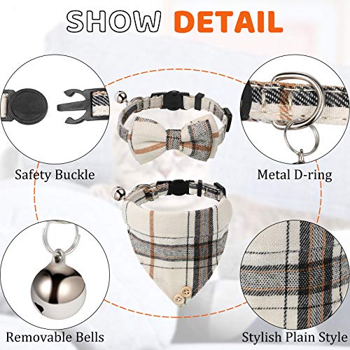 4 Pieces Breakaway Cat Collar Bandana with Plaid Scarf and Bowtie Bell E23731