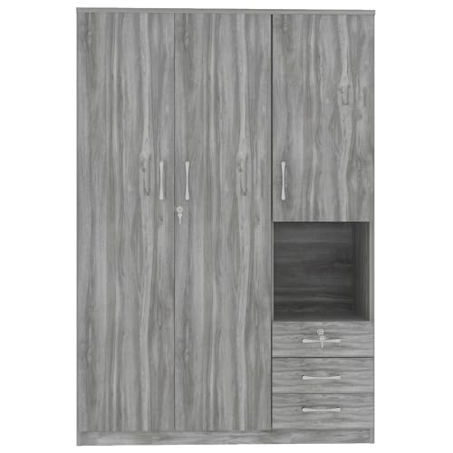 Grey 3 Door Wooden Wardrobe Closet Organizer with Drawers and Hanging Rail B6463