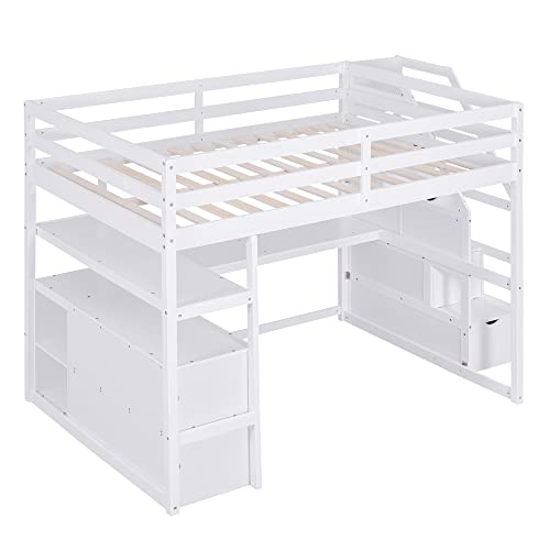 White Solid Wood Twin Loft Bed with Stairs and Desk W780