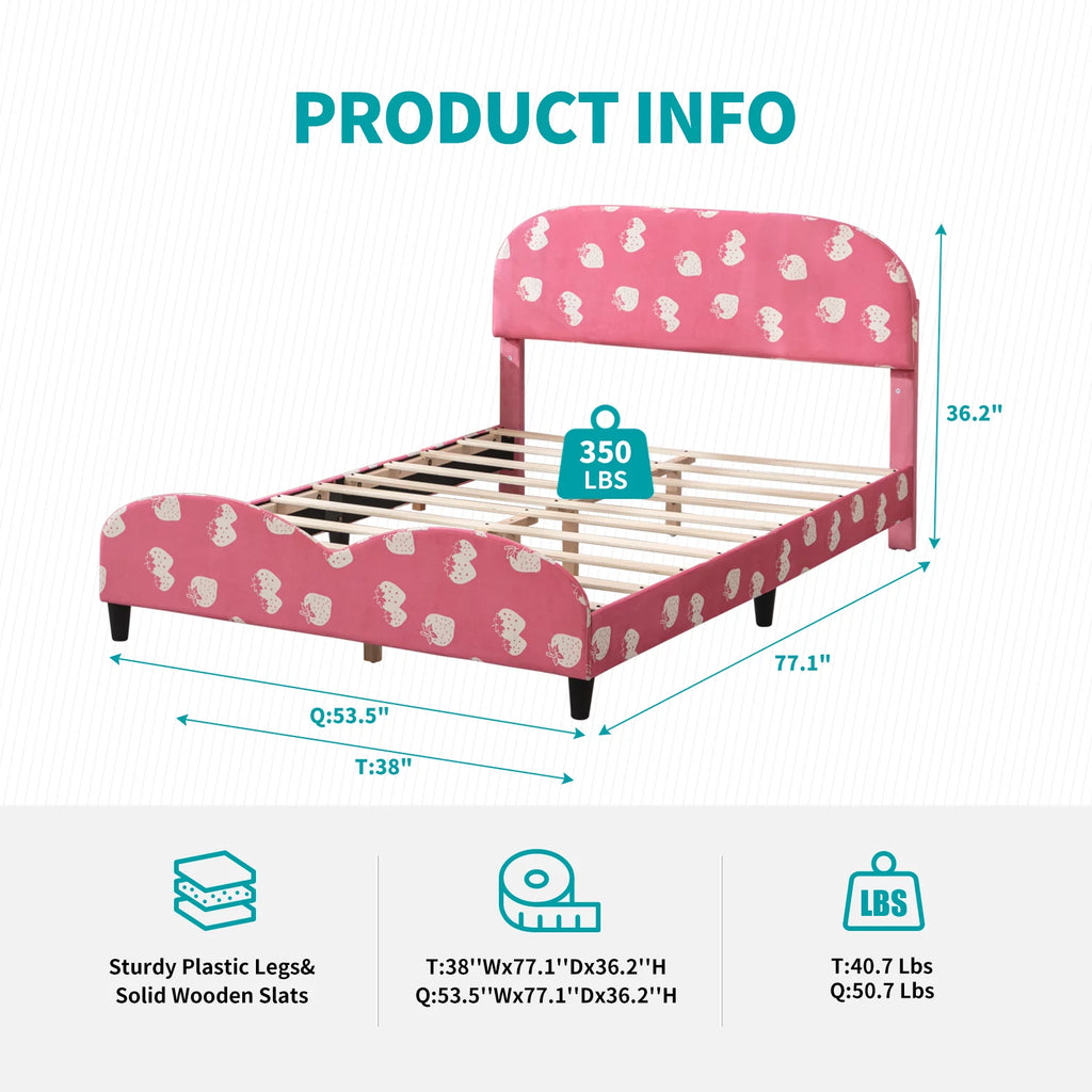 Pink Kids Twin Bed Frame with Upholstered Headboard and Footboard V21059