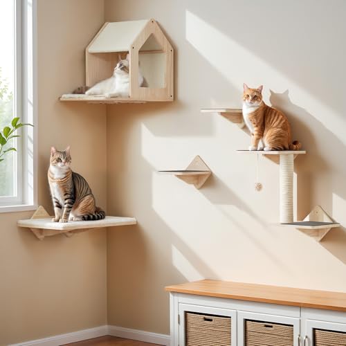 Natural Wood Cat Wall Shelves Set of 5 with House Steps Scratching Post Perch M940293