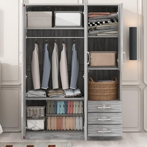 Grey 3 Door Wooden Wardrobe Closet Organizer with Drawers and Hanging Rail B6463