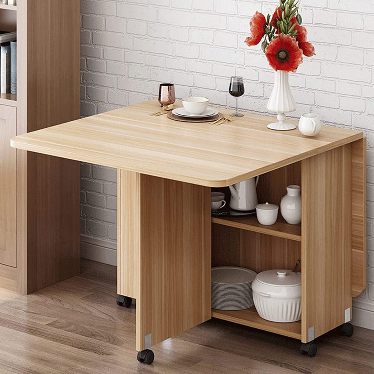 Expandable Rectangle Wood Drop Leaf Dining Table with 6 Wheels W341054