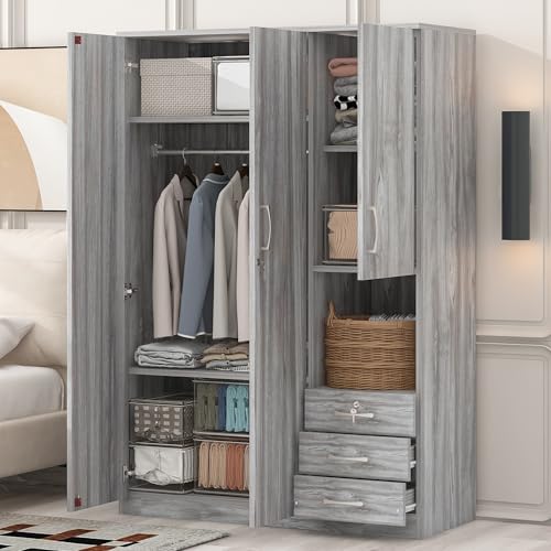 Grey 3 Door Wooden Wardrobe Closet Organizer with Drawers and Hanging Rail B6463