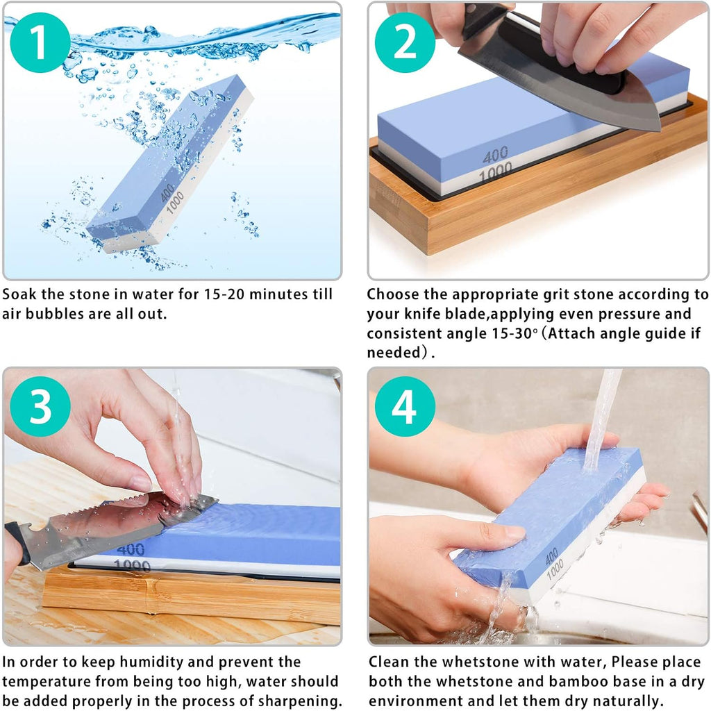 4 Side Grit 400/1000 3000/8000 Whetstone Set with Bamboo Base S95906