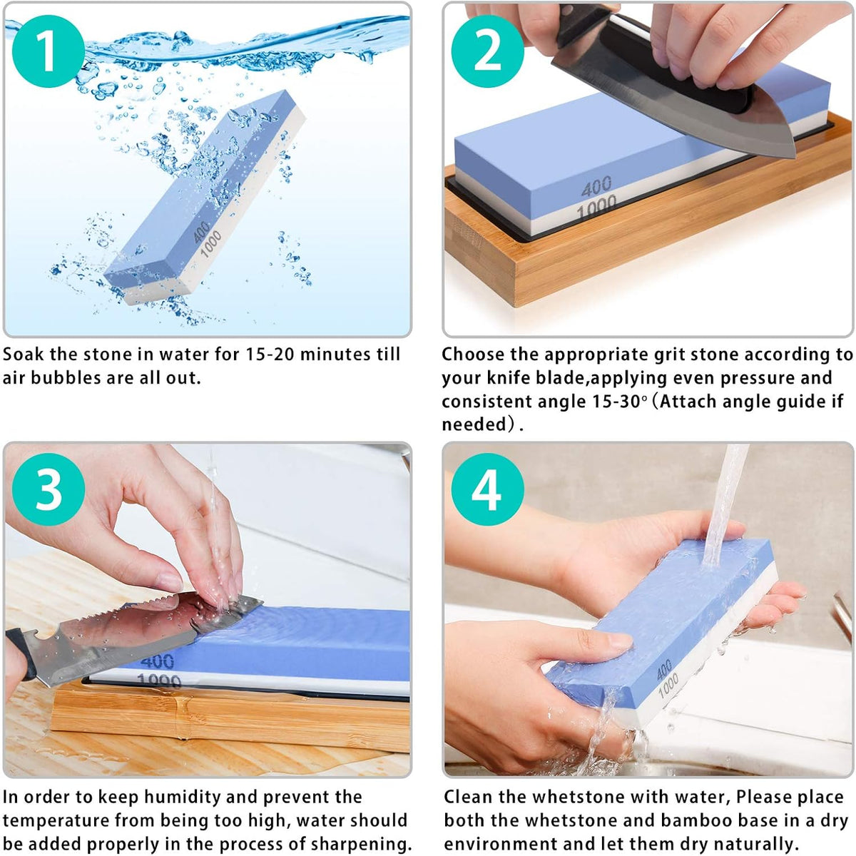 4 Side Grit 400/1000 3000/8000 Whetstone Set with Bamboo Base S95906