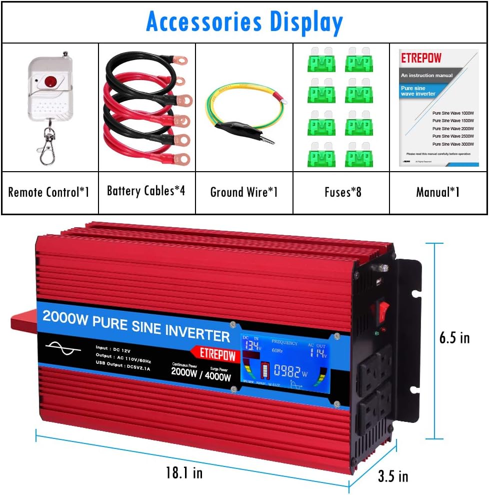 1000 Watt Pure Sine Wave Power Inverter 12V DC to 110V AC N90856