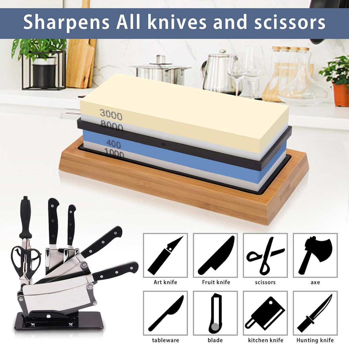 4 Side Grit 400/1000 3000/8000 Whetstone Set with Bamboo Base S95906