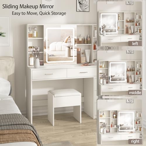 White Vanity Desk with Mirror and Lights 5 Drawers with Chair T88752