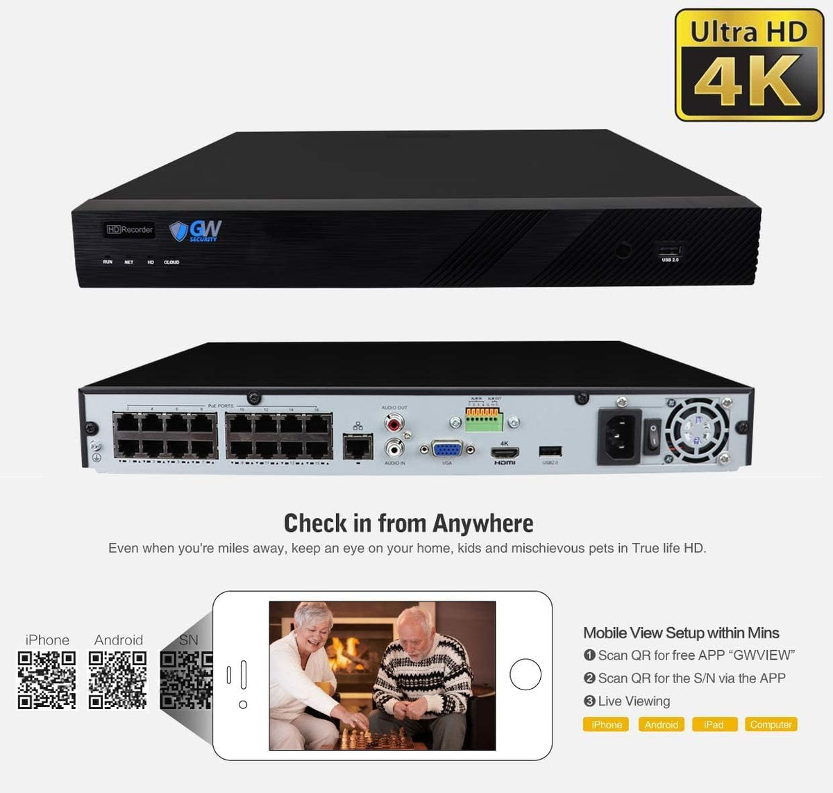 16 Channel 4K PoE Security Camera System with 8 Cameras L490