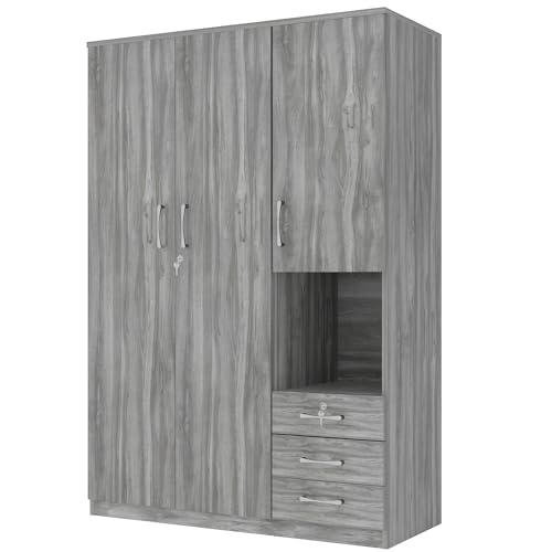 Grey 3 Door Wooden Wardrobe Closet Organizer with Drawers and Hanging Rail B6463