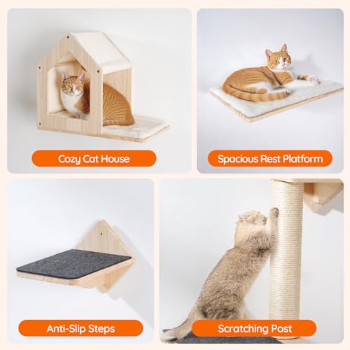 Natural Wood Cat Wall Shelves Set of 5 with House Steps Scratching Post Perch M940293