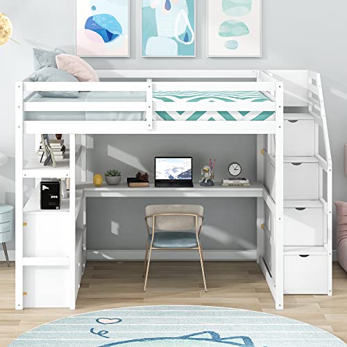 White Solid Wood Twin Loft Bed with Stairs and Desk W780