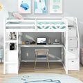 White Solid Wood Twin Loft Bed with Stairs and Desk W780
