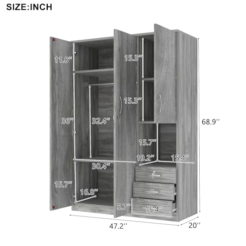 Grey 3 Door Wooden Wardrobe Closet Organizer with Drawers and Hanging Rail B6463