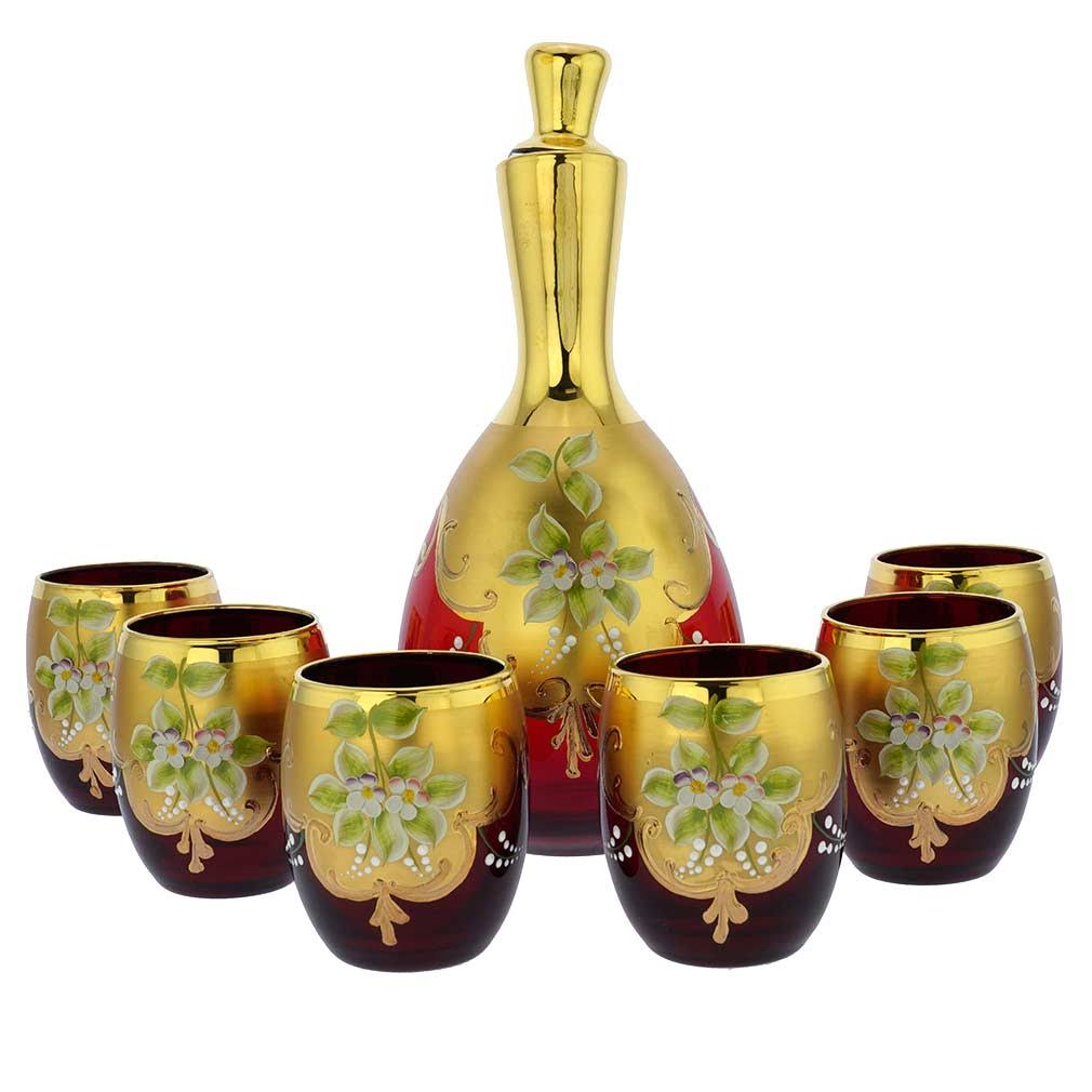Murano Glass Decanter Set with 6 Wine Glasses 24K Gold Red M9147