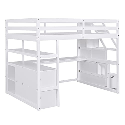 White Solid Wood Twin Loft Bed with Stairs and Desk W780