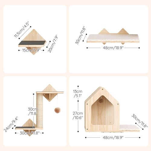 Natural Wood Cat Wall Shelves Set of 5 with House Steps Scratching Post Perch M940293