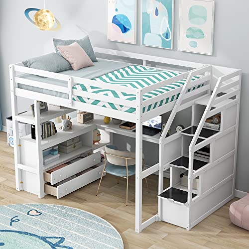 White Solid Wood Twin Loft Bed with Stairs and Desk W780