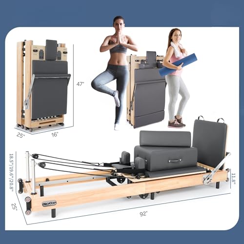 Foldable Wood Pilates Reformer with Sitting Box, Jump Board and Anti-Slip Mat Z5810