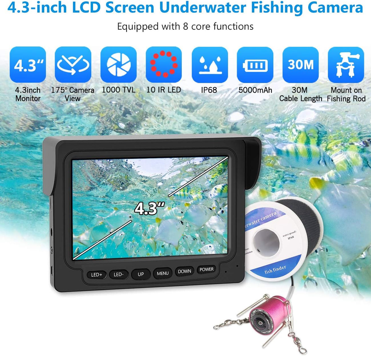Portable Underwater Fishing Camera with 4.3 inch HD Monitor and 30m Cable P641